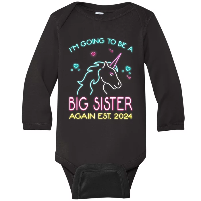 Im Going To Be A Big Sister Again Est 2024 Unicorn Baby Long Sleeve Bodysuit