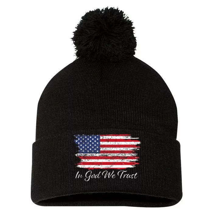 In God We Trust US Flag Patriotic Pom Pom 12in Knit Beanie