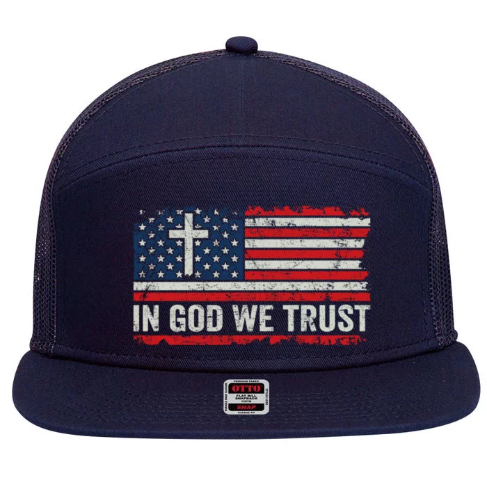 In God We Trust Patriotic Vintage Usa Flag Cross Gift 7 Panel Mesh Trucker Snapback Hat