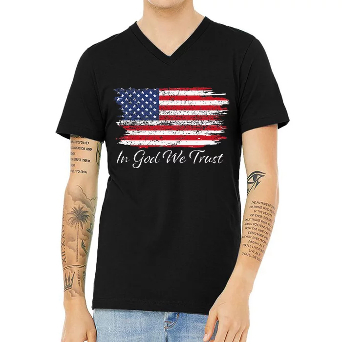 In God We Trust US Flag Patriotic V-Neck T-Shirt