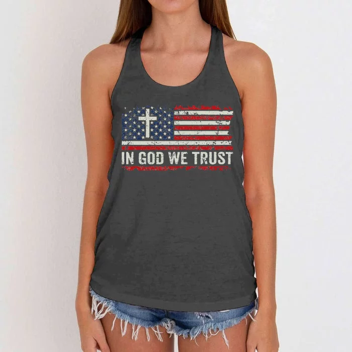 In God We Trust  Vintage USA Flag Cross Patriotic Christian Women's Knotted Racerback Tank