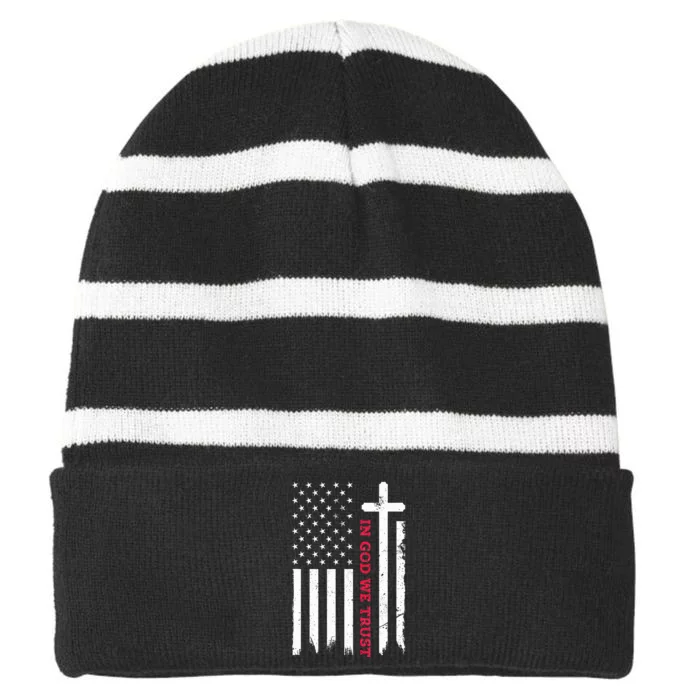 In God We Trust With Patriotic Vintage American Flag Striped Beanie with Solid Band