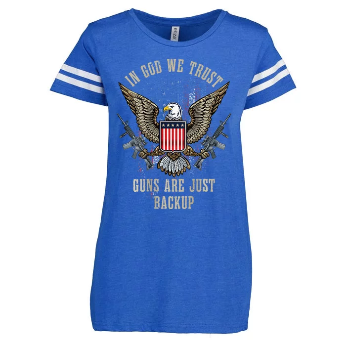 In God We Trust Guns Are Just Backup American Flag ON BACK Enza Ladies Jersey Football T-Shirt