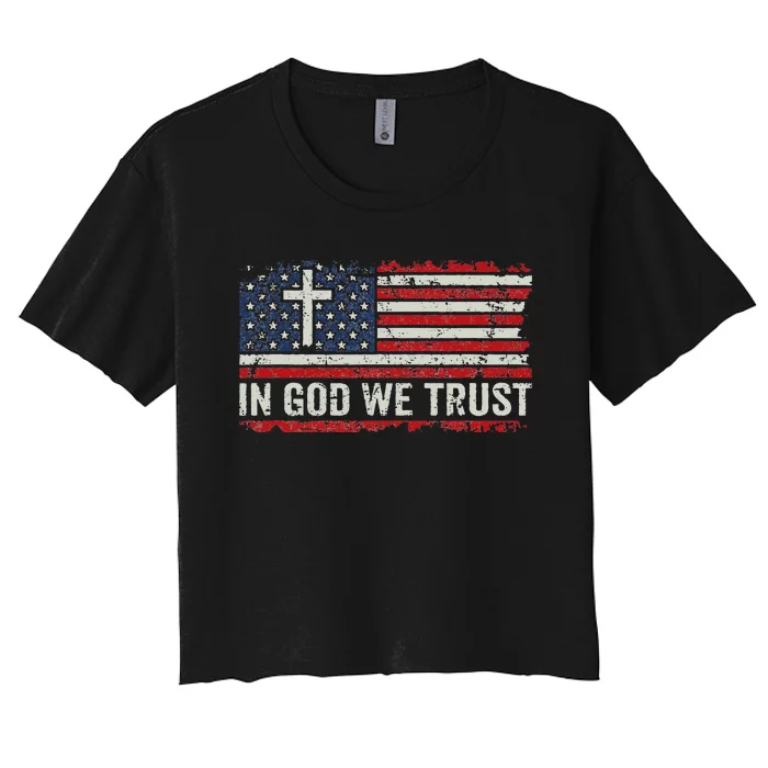 In God We Trust Vintage USA Flag Cross Patriotic Christian Women's Crop Top Tee