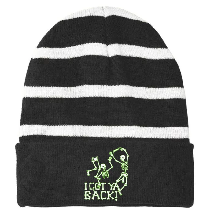 I Got Ya Back Skeleton Glowing In The Dark Striped Beanie with Solid Band