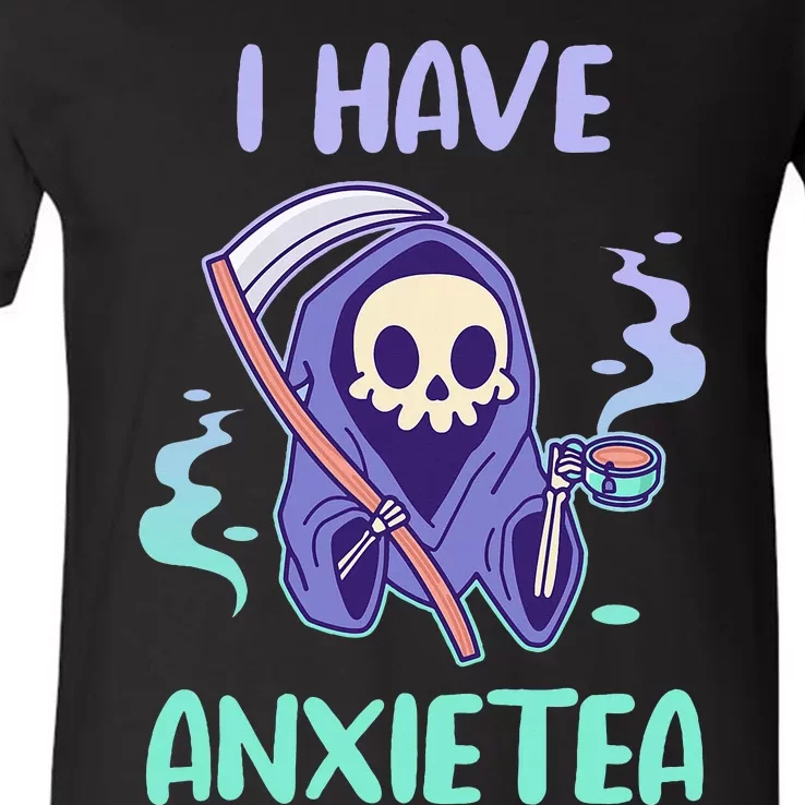 I Have Anxietea Cute Kawaii Grim Reaper With Tea V-Neck T-Shirt