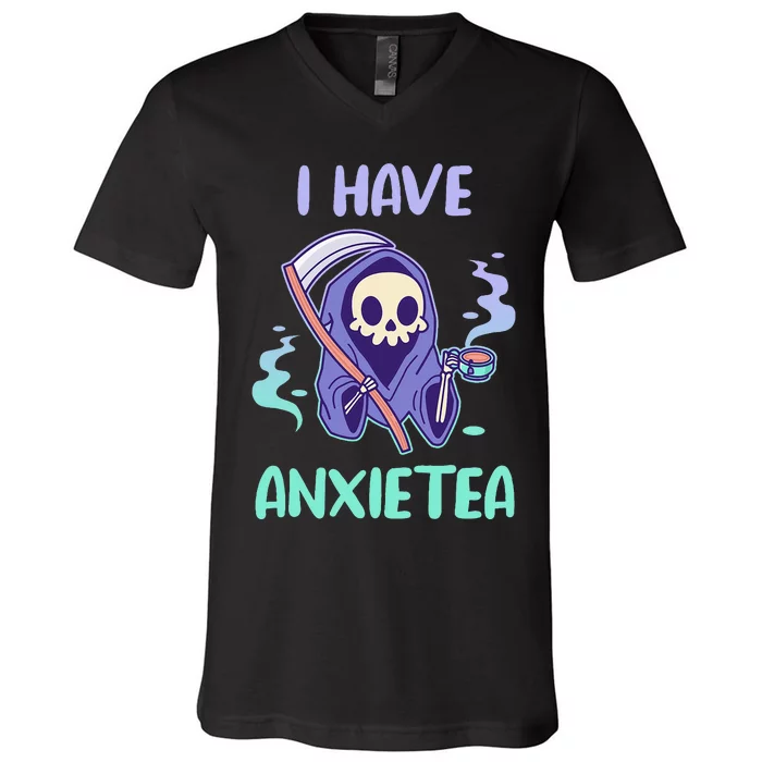 I Have Anxietea Cute Kawaii Grim Reaper With Tea V-Neck T-Shirt