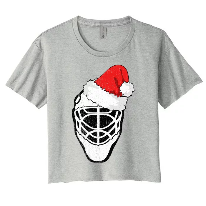 Ice Hockey Christmas Funny Goalie Santa Hat Hockey Fan Great Gift Women's Crop Top Tee