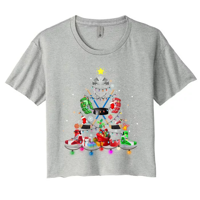 Ice Hockey Christmas Tree Lights Funny Hockey Xmas Gift Women's Crop Top Tee