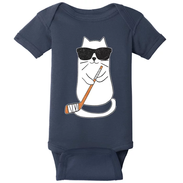 Ice Hockey Cat Hockey Player Stick Retro Baby Bodysuit