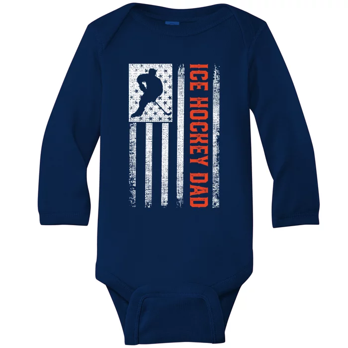 Ice Hockey Dad Vintage Us Flag Fathers Day Outfit For Dad Gift Baby Long Sleeve Bodysuit