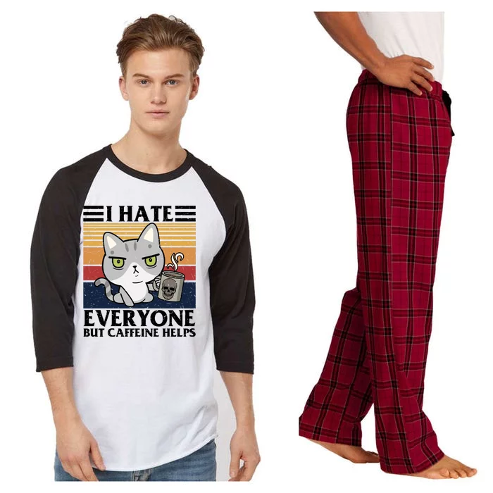 I Hate Everyone But Caffeine Helps Funny Cat Raglan Sleeve Pajama Set