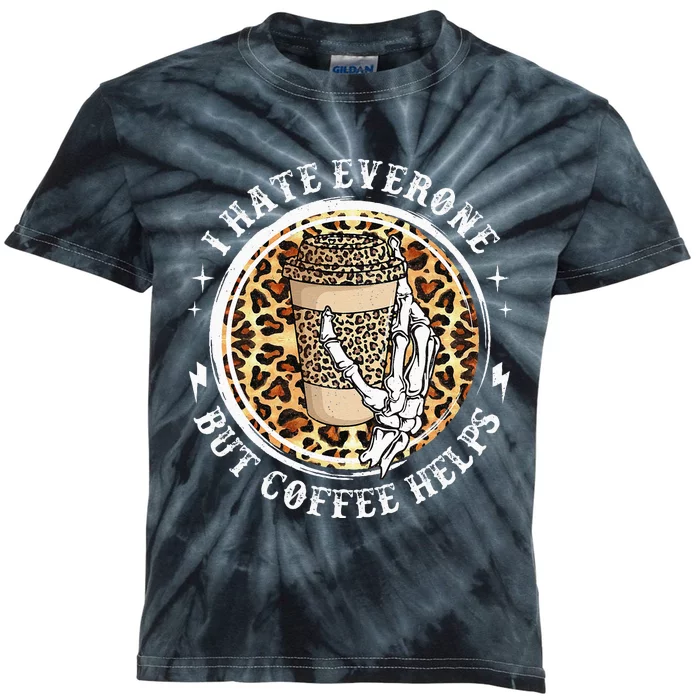 I Hate Everyone But Coffee Helps Leopard Skull Halloween Kids Tie-Dye T-Shirt