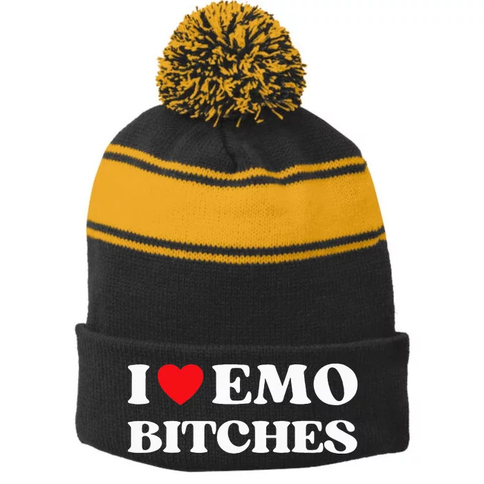 I Heart Emo Bitches Funny Quote Red Heart Emo Style Stripe Pom Pom Beanie