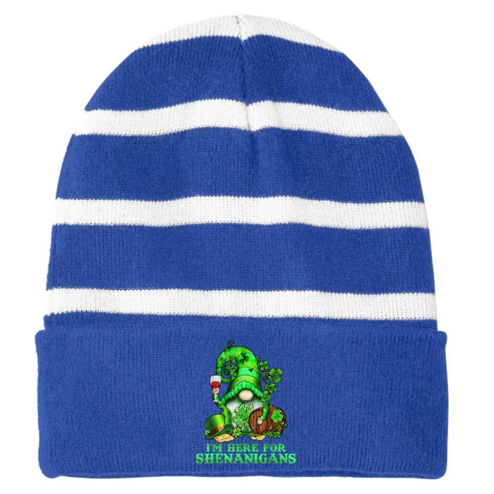 I'm Here For Shenanigans Gnome Wine Shamrock St Patricks Day Gift Striped Beanie with Solid Band