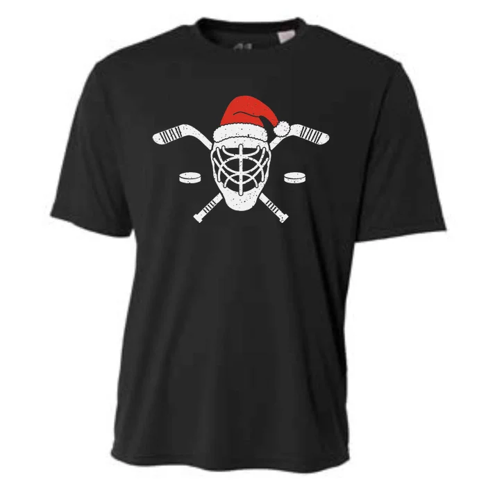 Ice Hockey Goalie Funny Christmas Santa Hat Hockey Player Cooling Performance Crew T-Shirt