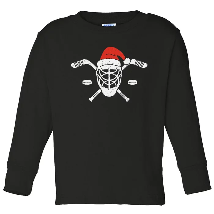 Ice Hockey Goalie Funny Christmas Santa Hat Hockey Player Toddler Long Sleeve Shirt