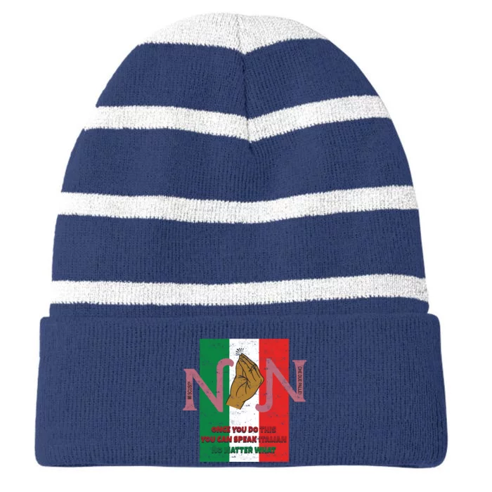 Italian Hand Gesture Striped Beanie with Solid Band