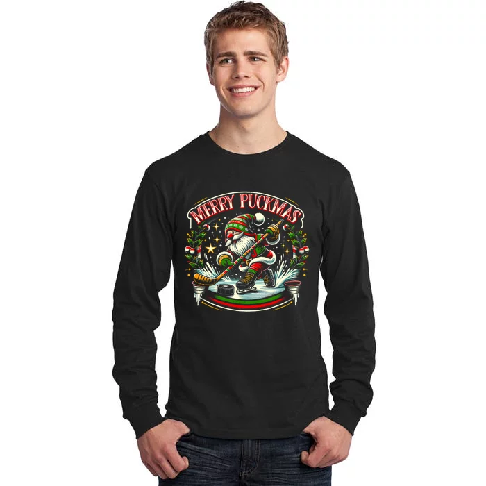 Ice Hockey Gnome Merry Puckmas Icehockey Player Christmas Tall Long Sleeve T-Shirt