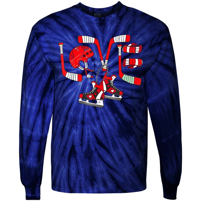 Ice Hockey Heart Valentines Day Love Gifts Goalie Tie-Dye Long Sleeve Shirt