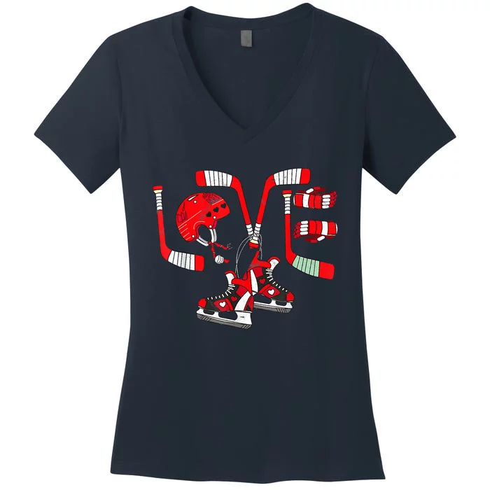 Ice Hockey Heart Valentines Day Love Gifts Goalie Women's V-Neck T-Shirt