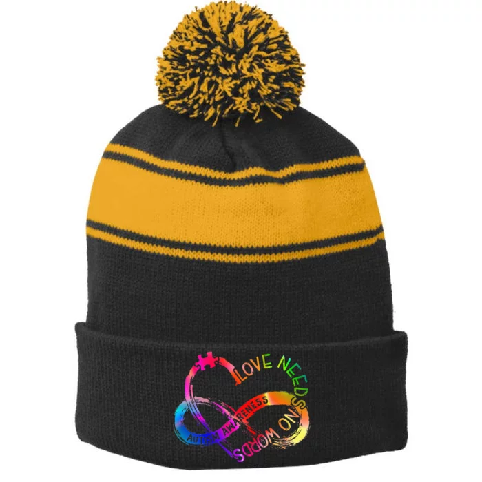 Infinity Heart Love Autism Awareness Needs No Words Tie Dye Stripe Pom Pom Beanie