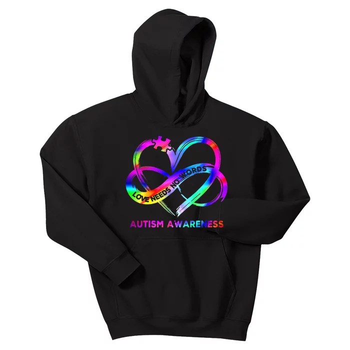 Infinity Heart Love Autism Awareness Needs No Words Kids Hoodie