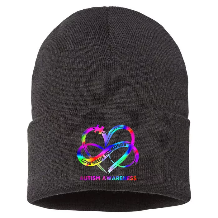 Infinity Heart Love Autism Awareness Needs No Words Tie Dye Sustainable Knit Beanie