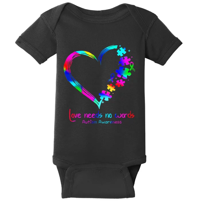 Infinity Heart Love Autism Awareness Needs No Words Tie Dye Baby Bodysuit