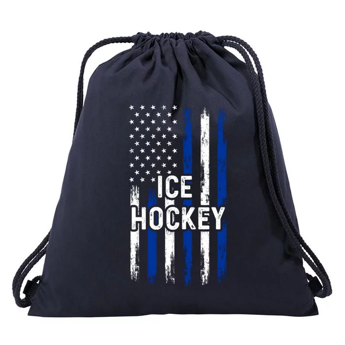 Ice Hockey Lover Us Flag Retro Ice Hockey American Ice Hockey Lover Drawstring Bag