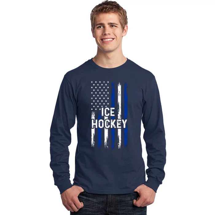 Ice Hockey Lover Us Flag Retro Ice Hockey American Ice Hockey Lover Tall Long Sleeve T-Shirt