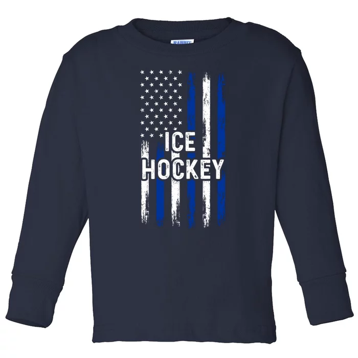 Ice Hockey Lover Us Flag Retro Ice Hockey American Ice Hockey Lover Toddler Long Sleeve Shirt