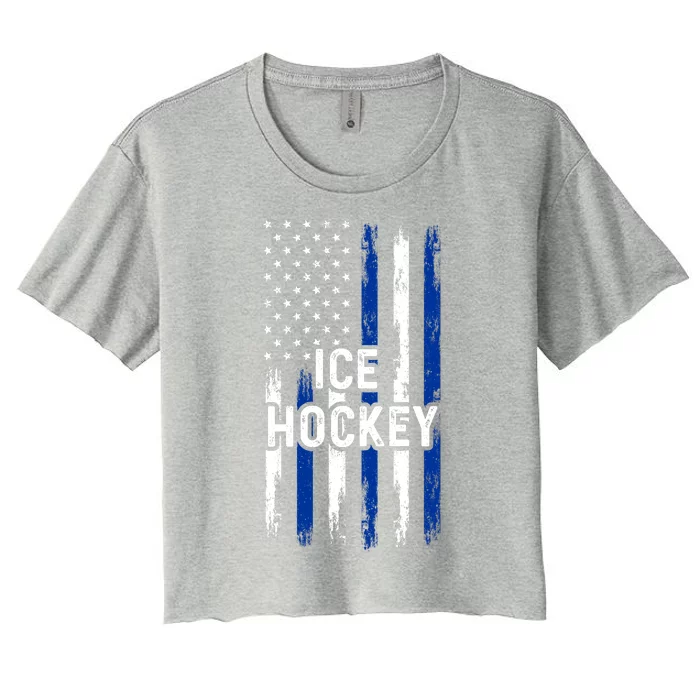 Ice Hockey Lover Us Flag Retro Ice Hockey American Ice Hockey Lover Women's Crop Top Tee