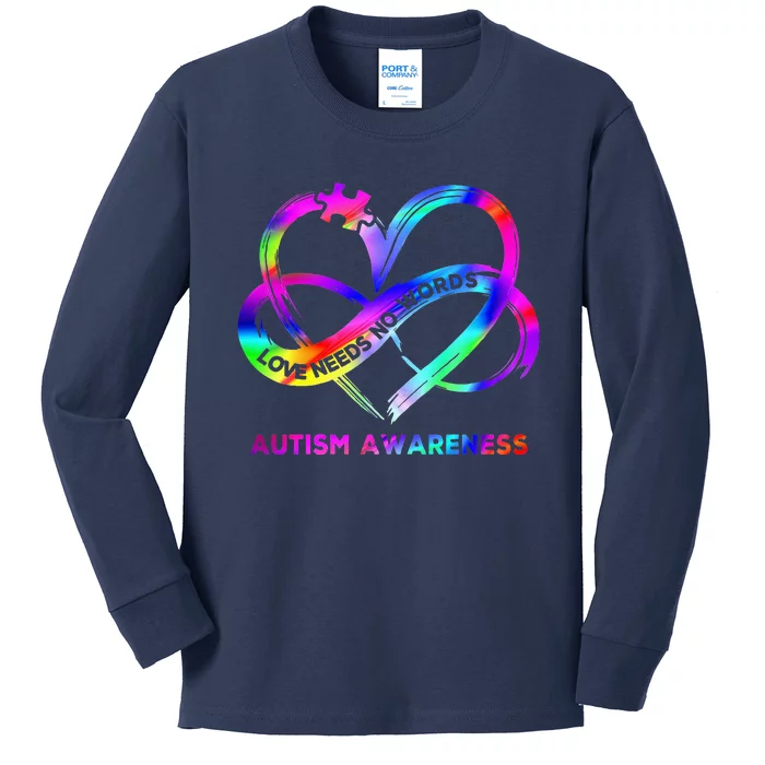 Infinity Heart Love Autism Awareness Needs No Words Kids Long Sleeve Shirt