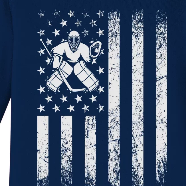 Ice Hockey Lover Us Flag Retro Ice Hockey American Ice Hockey Lover Baby Long Sleeve Bodysuit