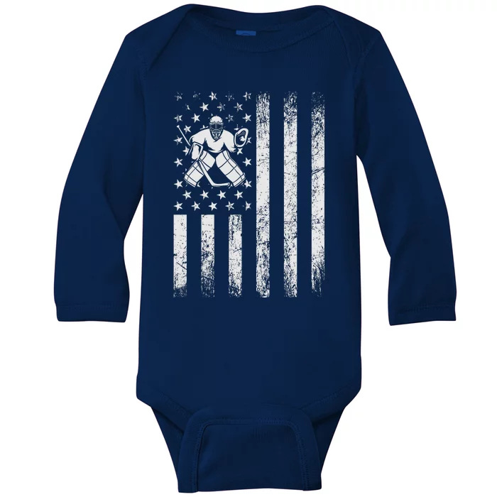 Ice Hockey Lover Us Flag Retro Ice Hockey American Ice Hockey Lover Baby Long Sleeve Bodysuit