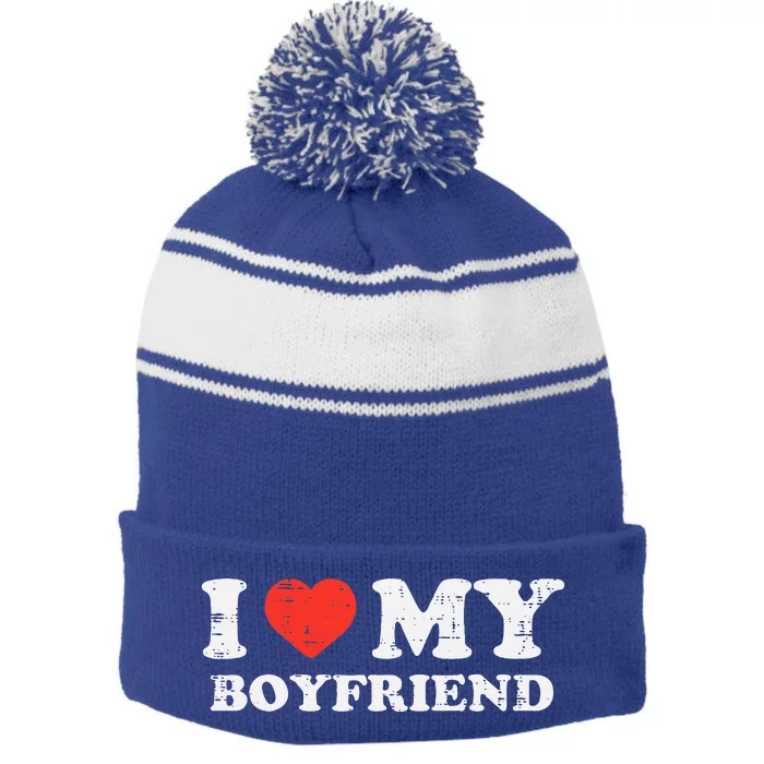 I Heart My Boyfriend Love Bf Couple Match Girlfriend Stripe Pom Pom Beanie