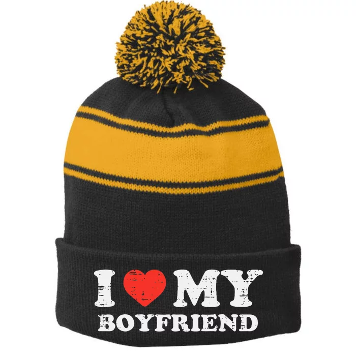 i heart my boyfriend love bf couple match girlfriend Stripe Pom Pom Beanie