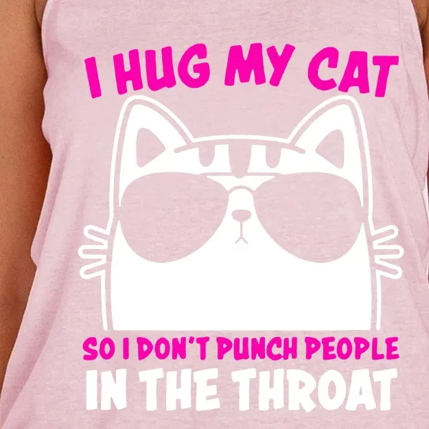 I Hug My Cat So I DonT Punch People In The Throat Women's Knotted Racerback Tank