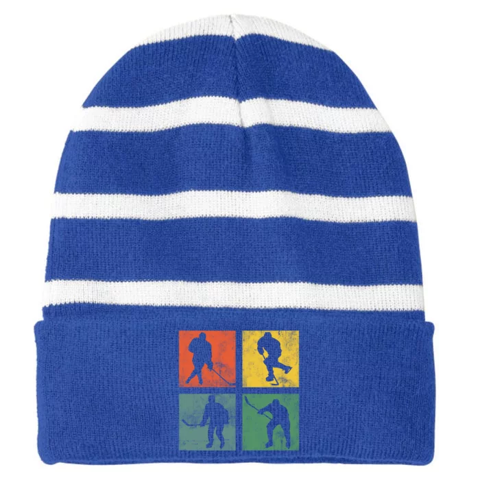 Ice Hockey Player Vintage Motif Winter Sports Team Gift Striped Beanie with Solid Band