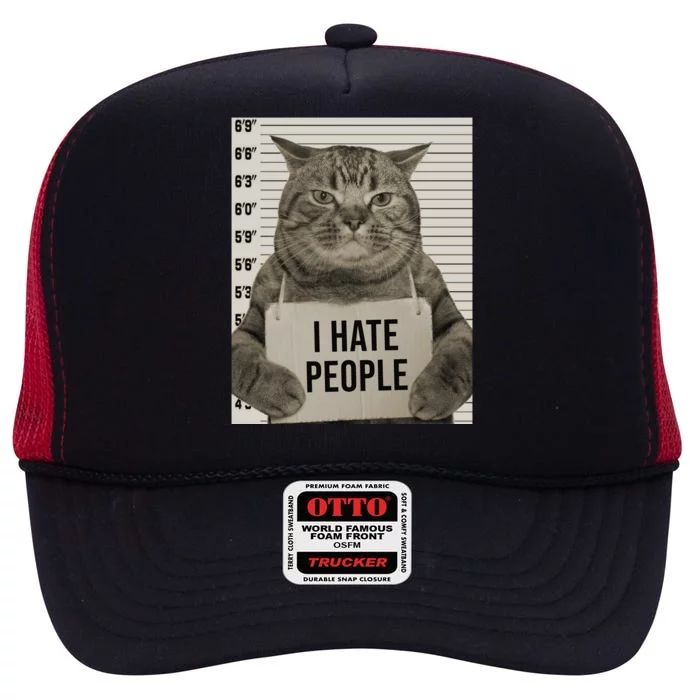 I Hate People Funny Jail Cat High Crown Mesh Trucker Hat