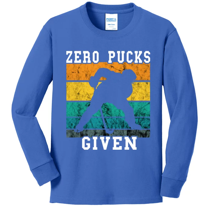 Ice Hockey Player Zero Pucks Given Retro Vintage Sunset Gift Kids Long Sleeve Shirt