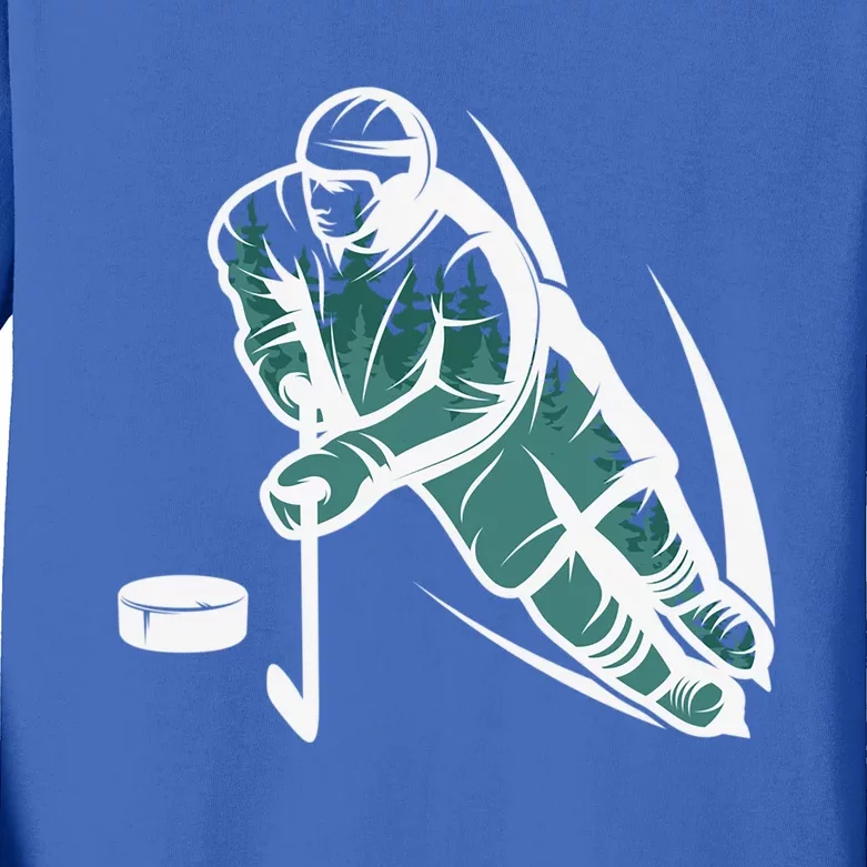 Ice Hockey Player With Trees For Hockey Fans Funny Gift Kids Long Sleeve Shirt