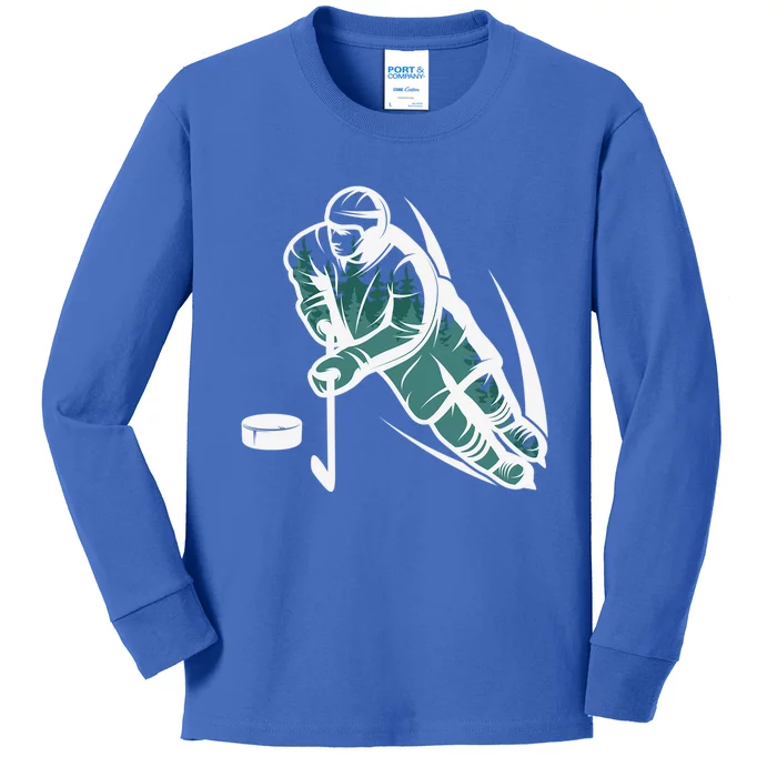 Ice Hockey Player With Trees For Hockey Fans Funny Gift Kids Long Sleeve Shirt