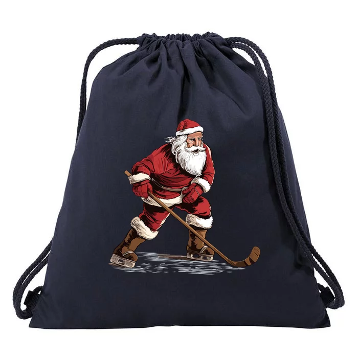 Ice Hockey Player Xmas Santa Playing Ice Hockey Christmas Gift Drawstring Bag