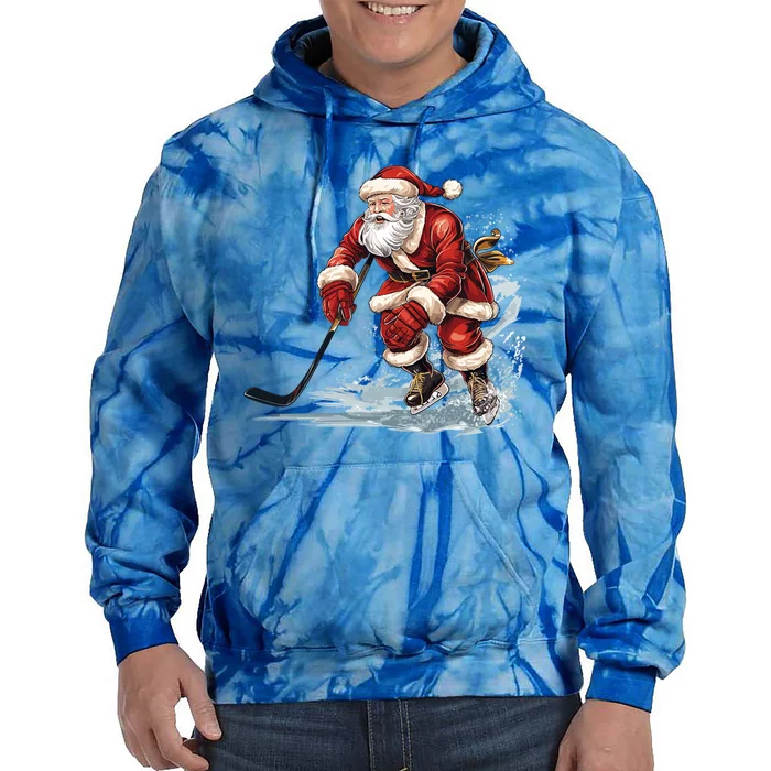 Ice Hockey Player Holiday Santa Playing Ice Hockey Christmas Gift Tie Dye Hoodie