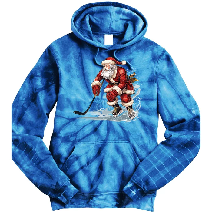 Ice Hockey Player Holiday Santa Playing Ice Hockey Christmas Gift Tie Dye Hoodie