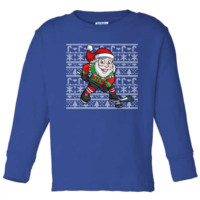 Ice Hockey Player Santa Claus Ugly Christmas Pattern Gift Toddler Long Sleeve Shirt