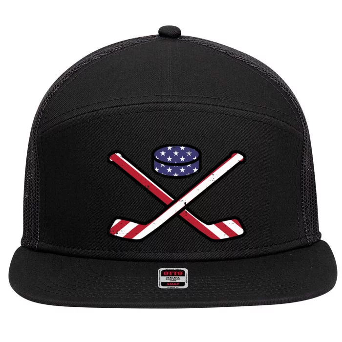 ICe Hockey Puck Sticks Fourth July 4th Sports Patriotic 7 Panel Mesh Trucker Snapback Hat