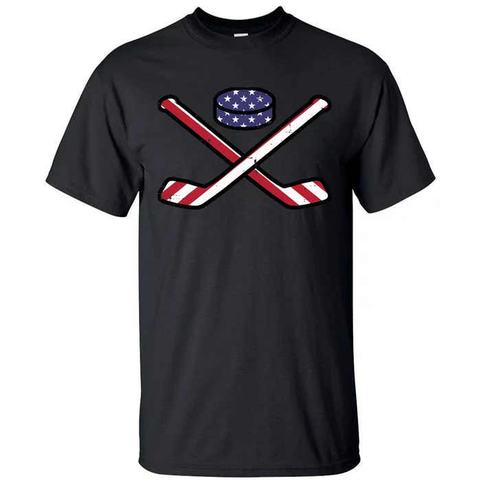 ICe Hockey Puck Sticks Fourth July 4th Sports Patriotic Tall T-Shirt